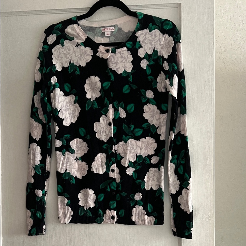 Merona Black Floral Button-Down Sweater with White Flowers & Green Leaves